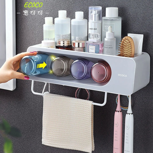 ECOCO Toothbrush Towel Bar Bathroom Wall Mounted Shelf Punch Free Mouthwash Toothbrush Cup Toothpaste Squeezer Storage Holder